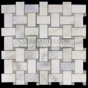 Calacatta Gold Italian Marble Basketweave Mosaic Tile with Pistachio Green Dots Honed